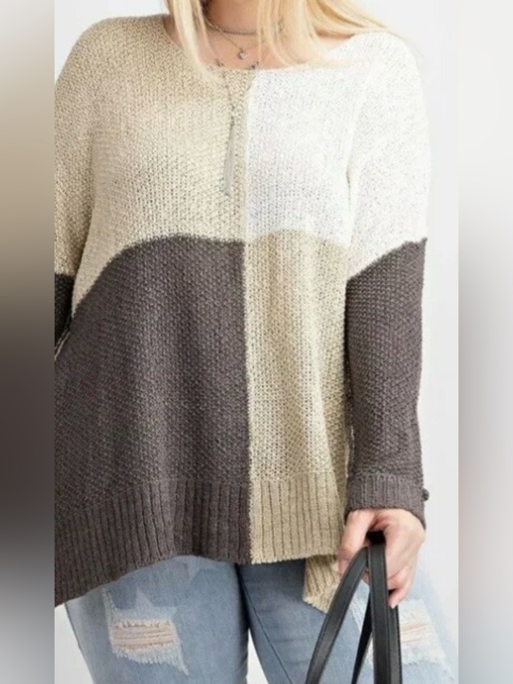 EUC Easel Colorblock Knit Sweater Oversized Neutral Boho Size S